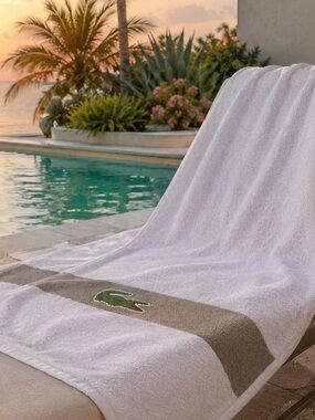 Lacoste Crocodile Logo Beach Bath Towel White Taupe Large Cotton